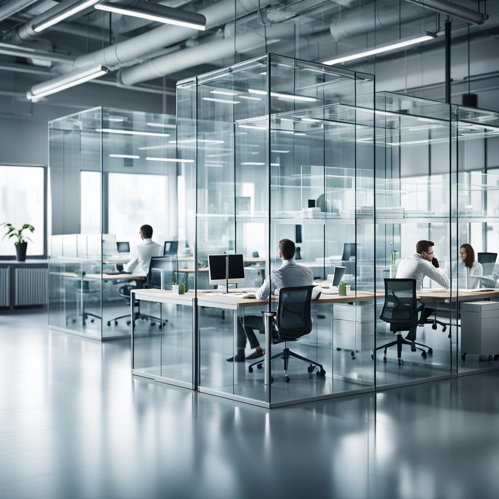 Siloed teams boxed in glass cubes.
